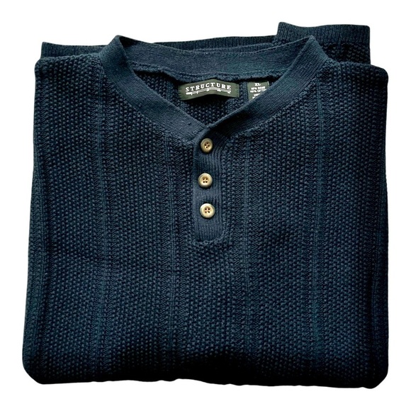 Vintage 90s Structure Sweater Ramie Chunky Cotton Henley Navy Blue XL - Picture 1 of 7